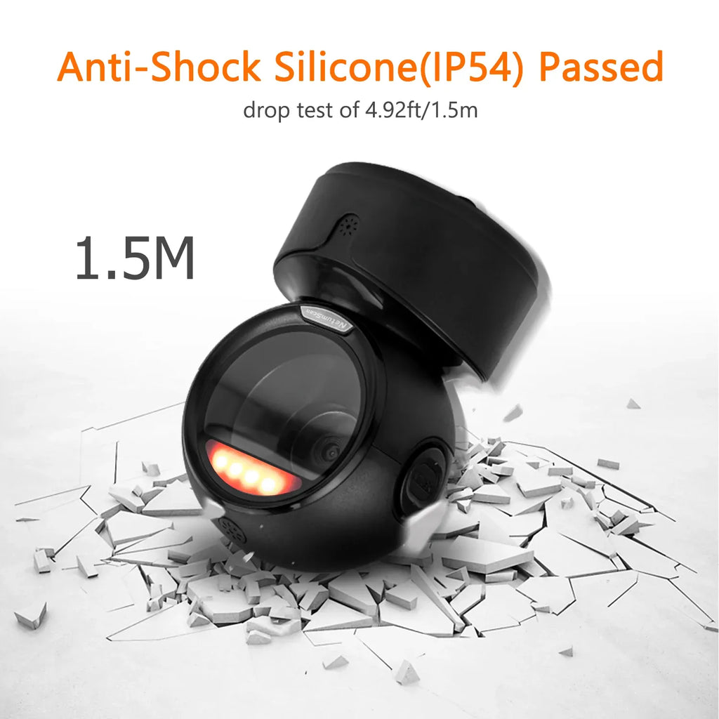 Black handheld-style desktop barcode scanner with shock-resistant body and bright LED