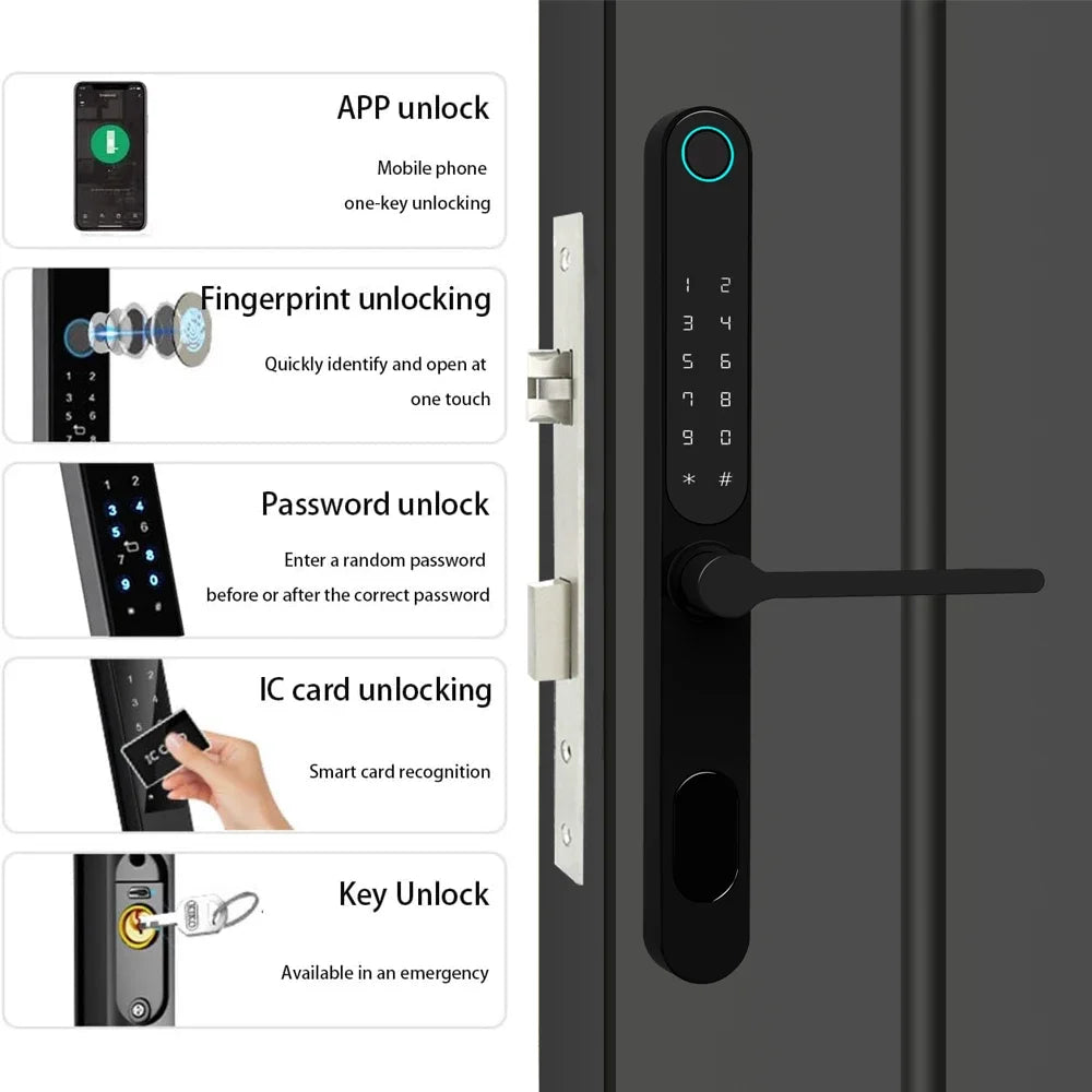 Tuya Smart Door Lock with Handle, Fingerprint Keypad IC Card Mechanical Key, Waterproof Outdoor 85mm Euro Mortise