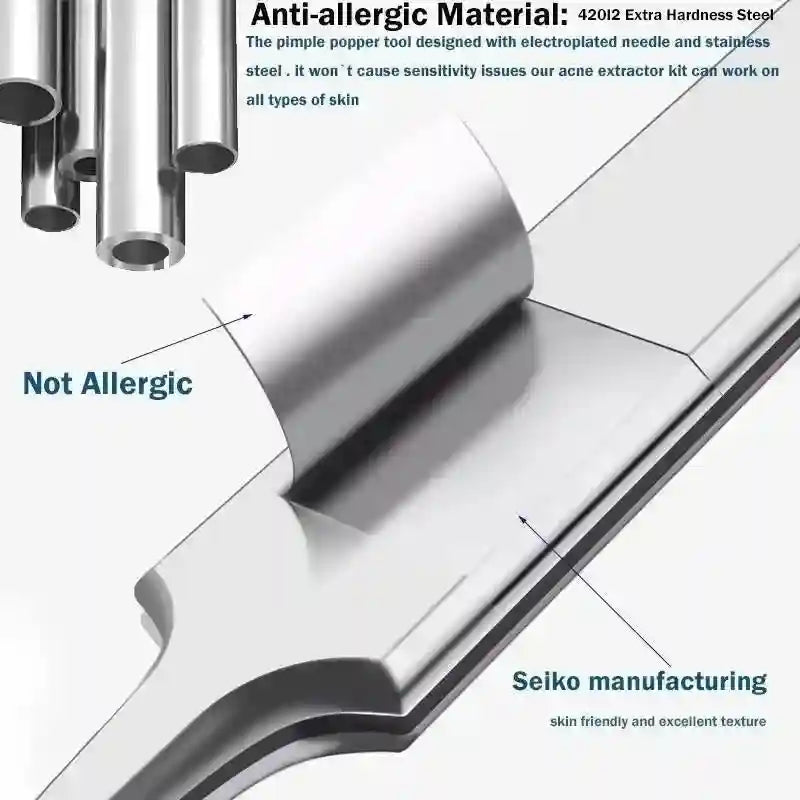 Macro shot of silver stainless steel acne extraction tools highlighting the smooth, anti-allergic metal texture.