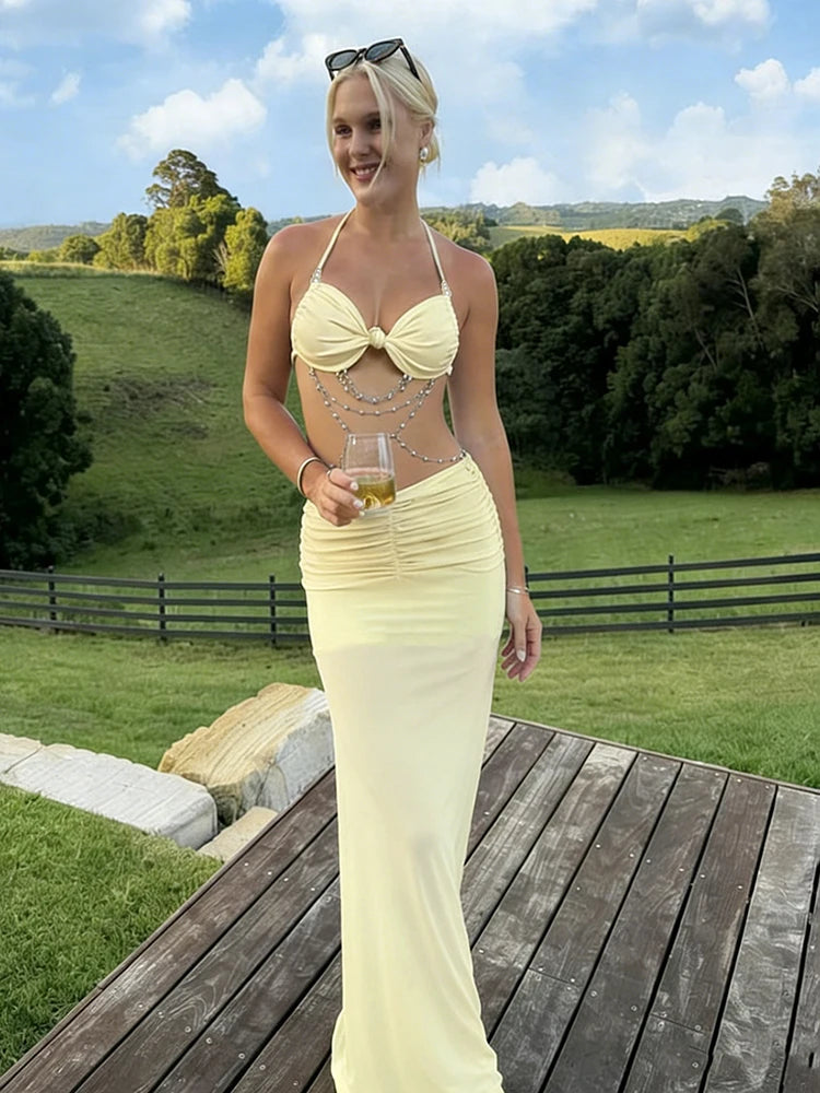 Kliou Sexy Fashion 2 Piece Set Woman Lace-Up Halter Beads Decoration Bar Tops+Elastic Waist Skirts Vacation Beach Style Outfits