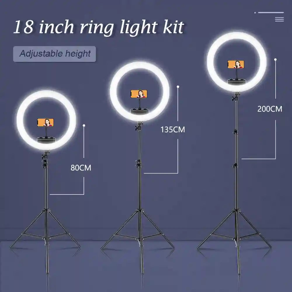 18-inch LED ring light kit with phone holder and adjustable tripod stand, shown at 80cm, 135cm, and 200cm heights.