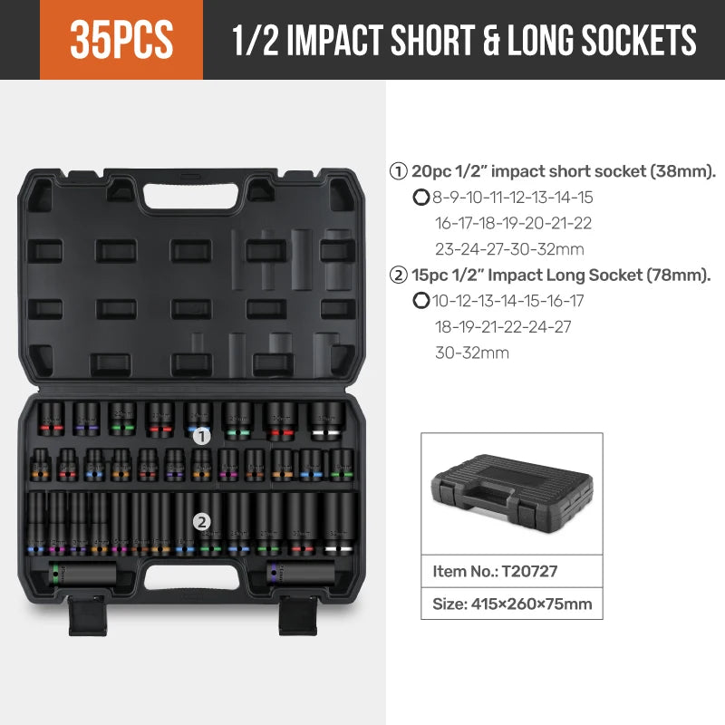 Apollo 1/2" Drive Impact Socket Set 10PC 8-24mm, Thick-Wall CrV Steel Pneumatic Sockets w/Color Rings, Auto Repair Kit for Tire