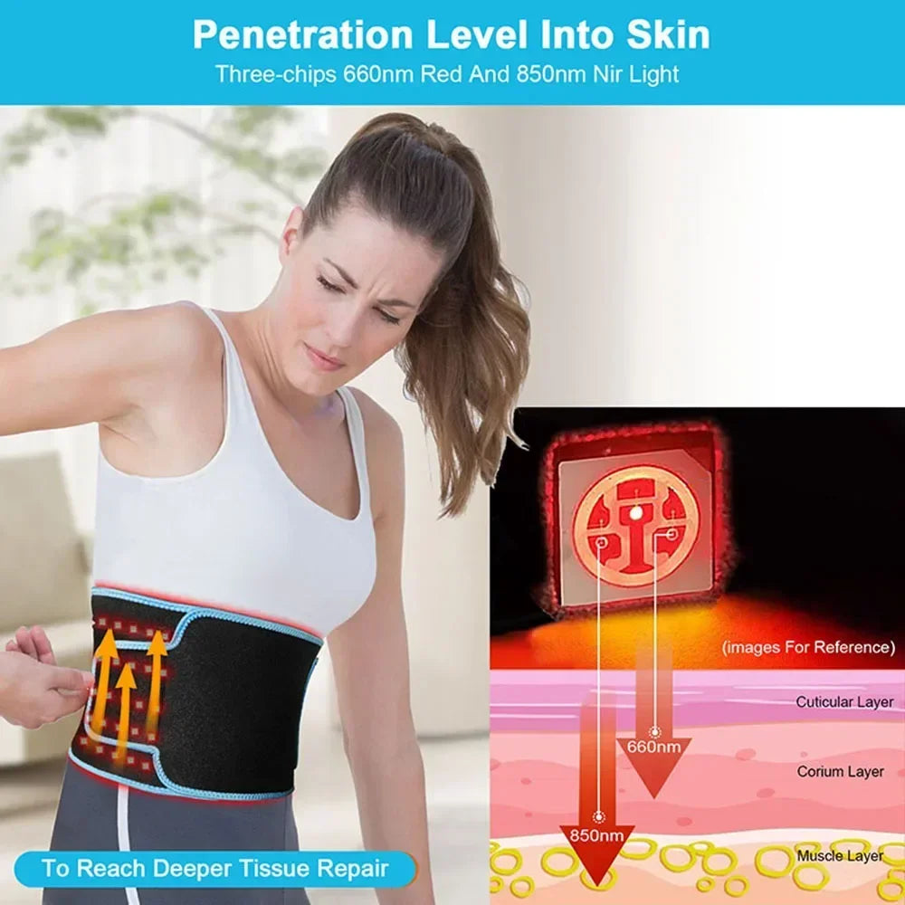 Woman wearing red and infrared LED light therapy belt for back pain relief, fat burning, and deep tissue repair.