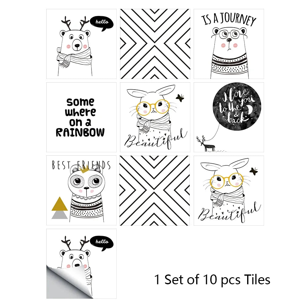 Cartoon animal tile wall sticker set of 10, with zigzag and lettering graphics