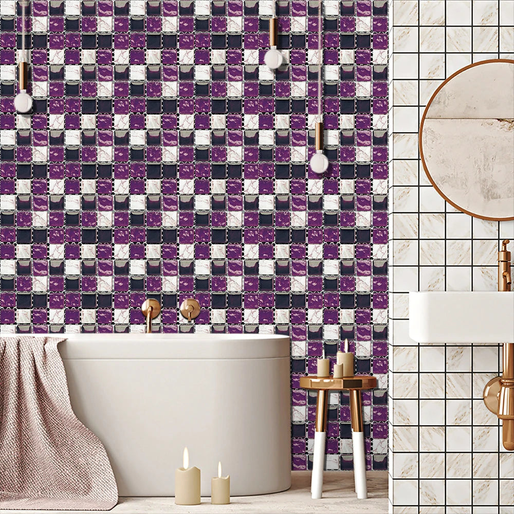 10pcs Flat Mosaic Style Tiles Sticker Kitchen Bathroom Waterproof & Oilproof Art Wall Sticker Peel & Stick Surface Glossy Film