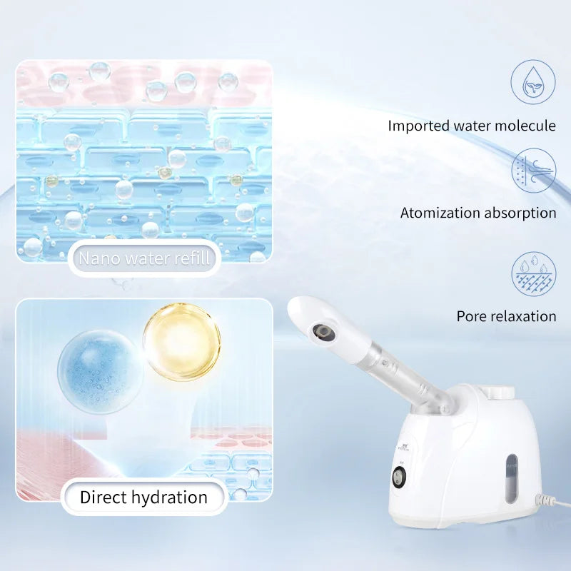 White mini facial steamer machine with nano mist sprayer for pore cleaning, skin hydration, and professional face spa.