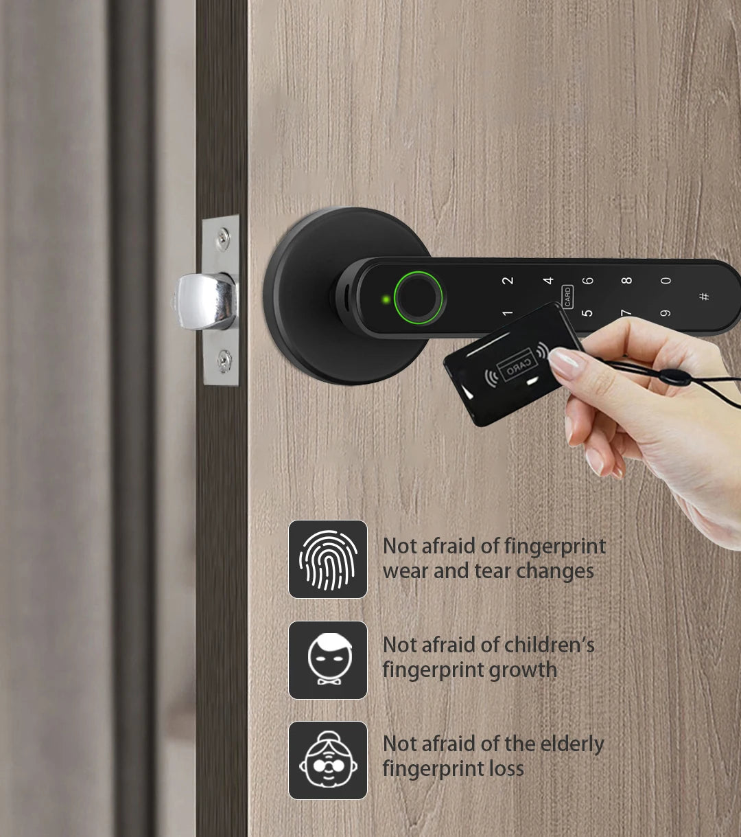 NAIERDI 5-in-1 Smart Fingerprint Door Lock Tuya APP Bluetooth Keypad IC Card Keyless Digital Door Knob for Hotel Office Bedroom
