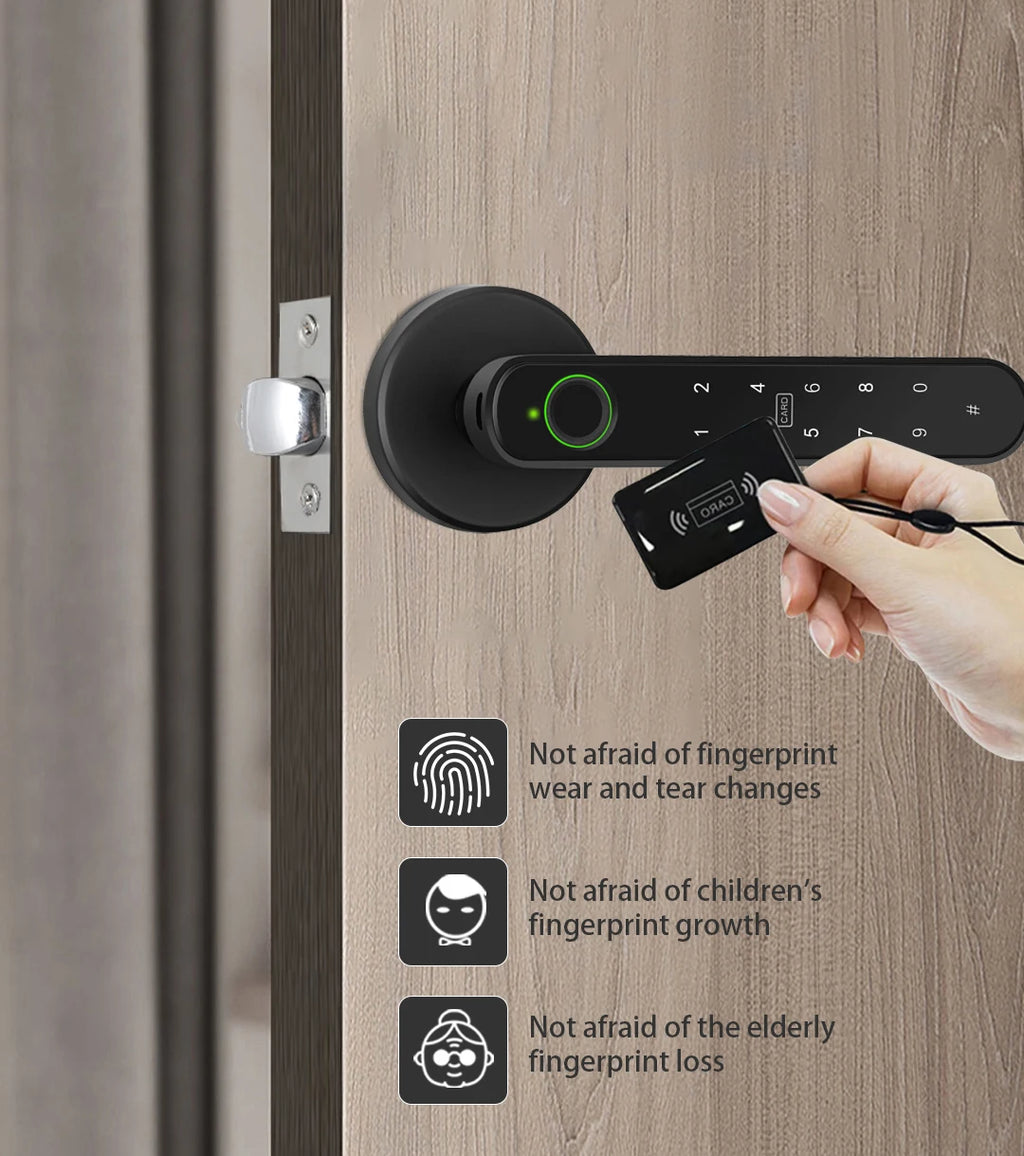 NAIERDI 5-in-1 Smart Fingerprint Door Lock Tuya APP Bluetooth Keypad IC Card Keyless Digital Door Knob for Hotel Office Bedroom