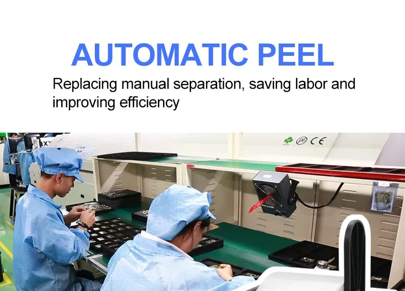 Automatic label stripper in a work area with healthcare staff operating the machine