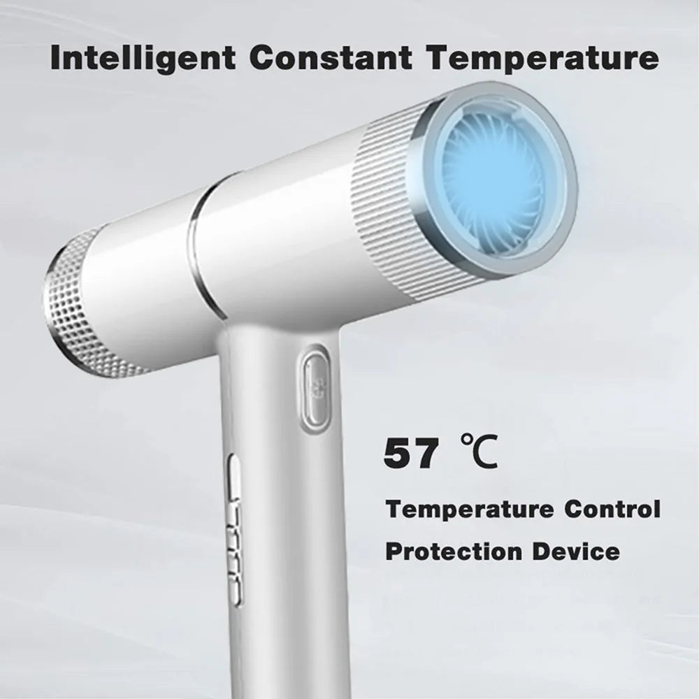 White high-speed hair dryer with 10000RPM brushless motor, constant temperature control, and ionic fast-drying tech.
