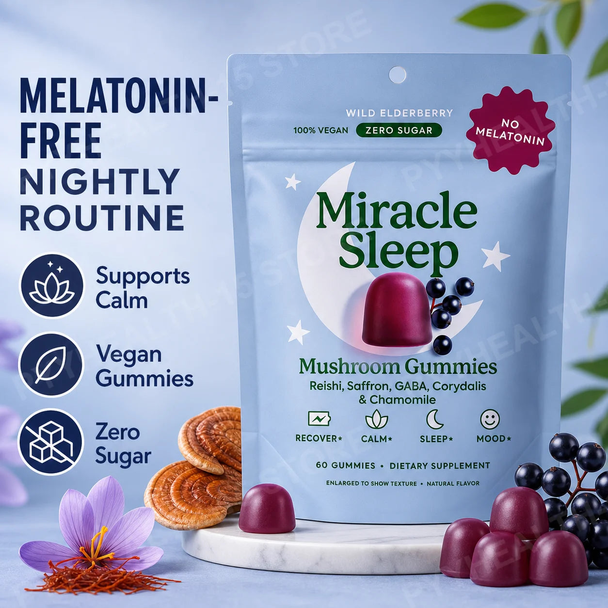 Melatonin-Free Mushroom Sleep Gummies with Reishi, GABA, Saffron & Chamomile, Wild Elderberry, Calm Night Support, 60 Count