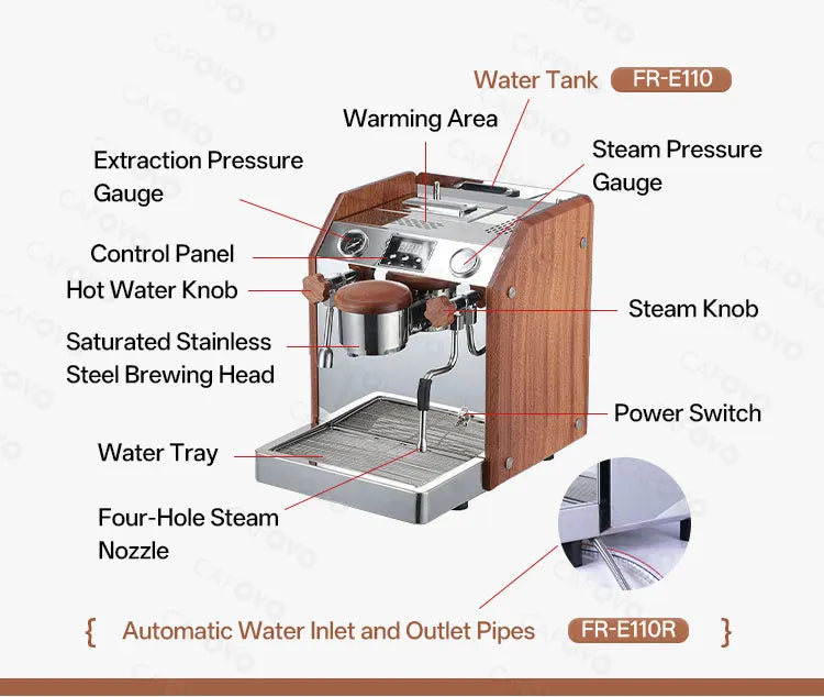 Cafovo FR-E110 espresso machine with wood-finish casing, stainless steel head, and dual pressure gauges.
