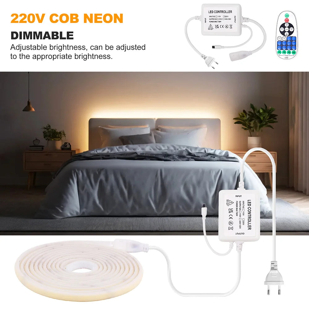 Wall Touch COB LED Neon Strip Light Wifi Bluetooth 23key Remote Control 220V Dimmer Power Kit 5m 10m 20m 40m 0.5m 240LED/m Flex