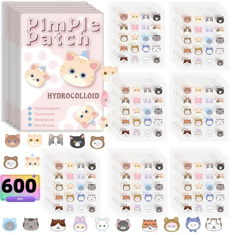 600Pcs Acne Patches Cat Shaped Acne Heal Sticker Colorful Acne Cover Removal Pimple Patch Anti-Acne Hydrocolloid Sticker