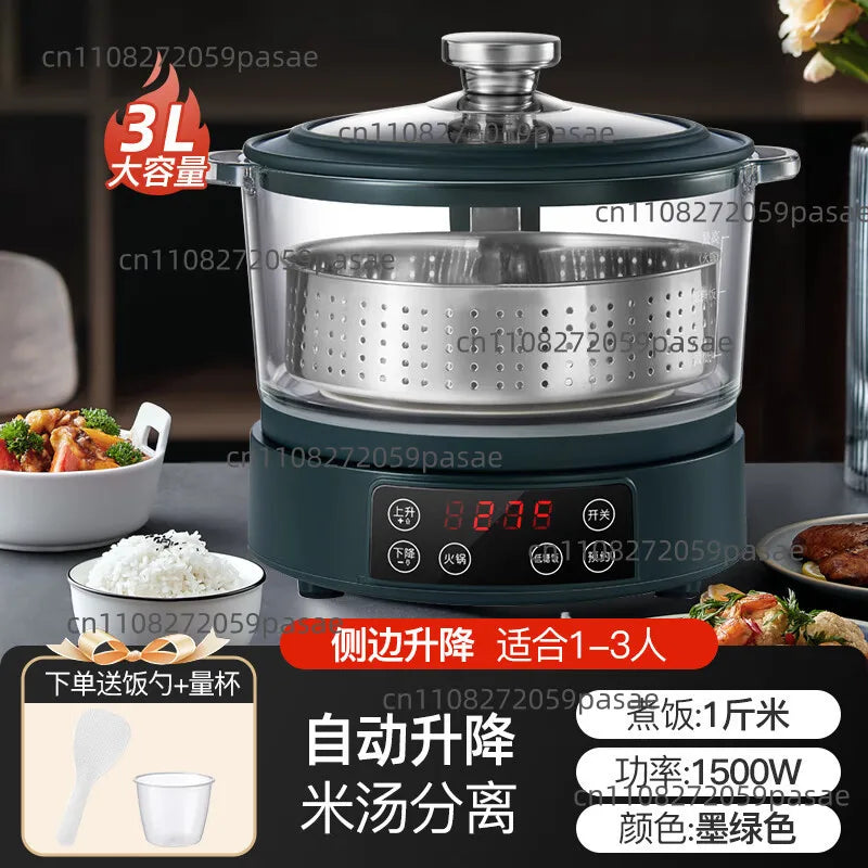 3L electric rice cooker with stainless inner pot, dark green housing, and front control panel