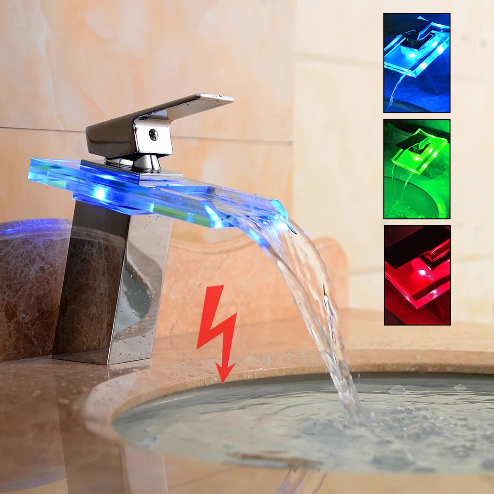 Smart Bathroom Faucet with Temp Light, Anti-Scald LED Indicator, Brass Construction, Waterfall Faucet, LED Color Changing