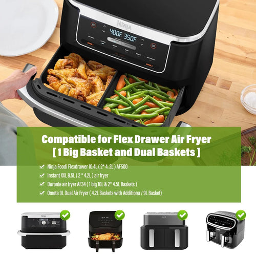 Black silicone air fryer tray liners set in use with dual basket air fryer, cooking food