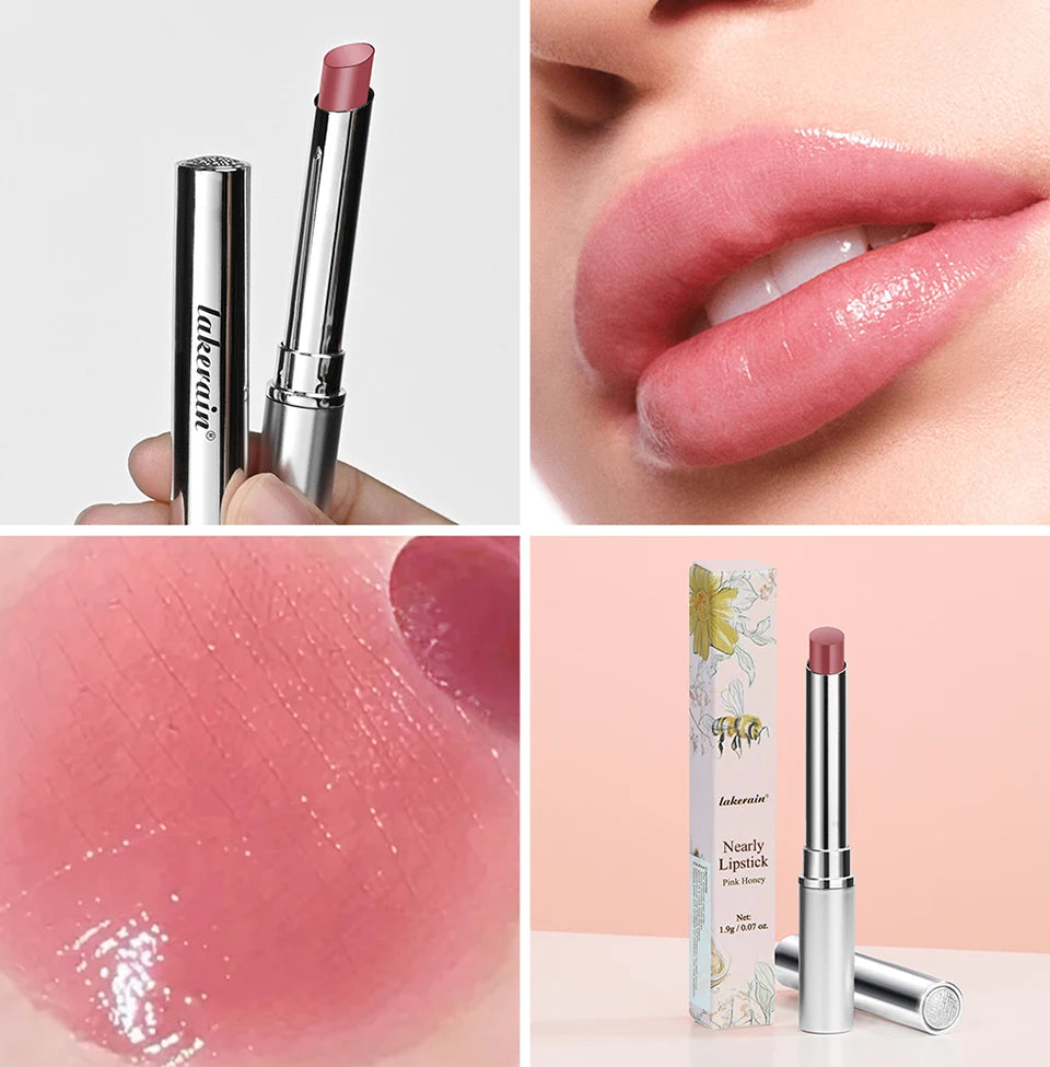 Lakerain Pink Honey nourishing tinted lip balm in a slim silver tube for a moisturizing, glossy, non-stick finish.