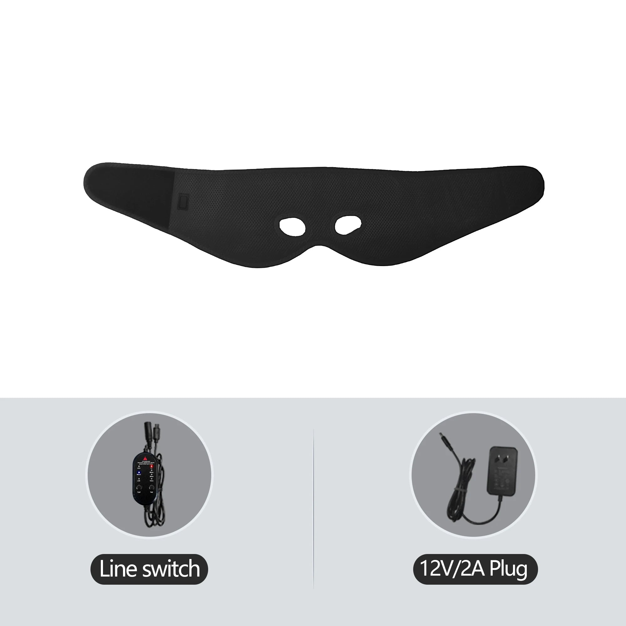 Black air layer heating half-face mask with eye cutouts, including a line switch controller and 12V/2A power plug.