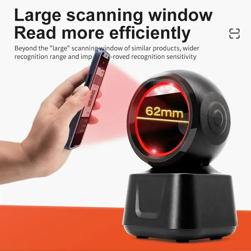 Black desktop barcode scanner with red ring scanning window and standing base.