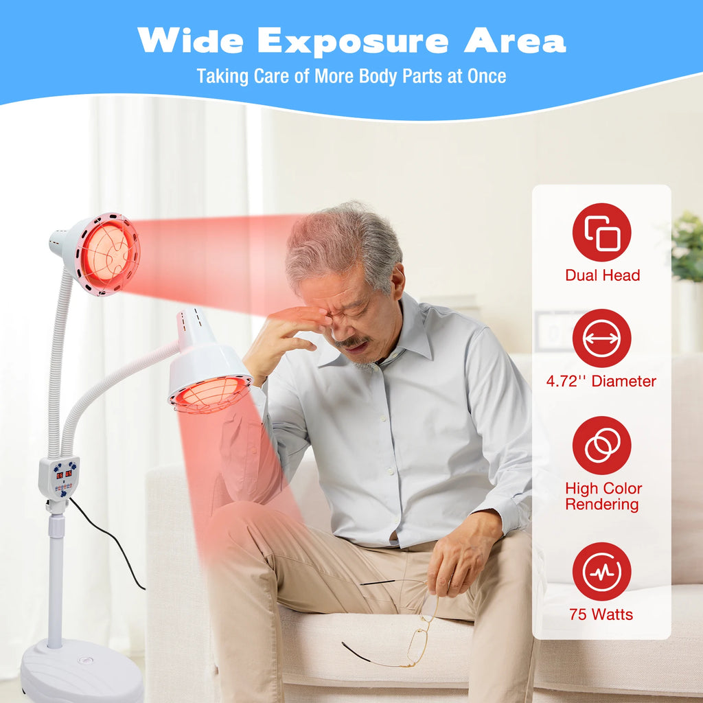 275W dual-head infrared heat lamp for pain relief with adjustable temperature and remote control for home and salon.
