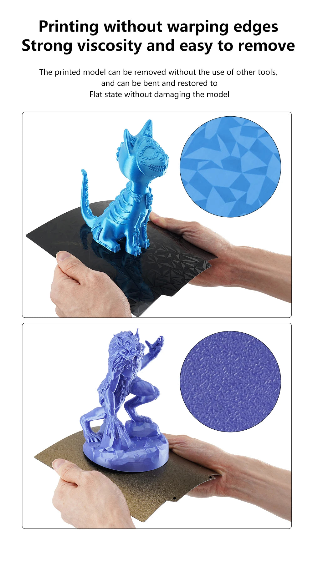 235x235 magnetic spring steel PEI sheet for Ender 3, showing easy removal of 3D printed cat and monster models.