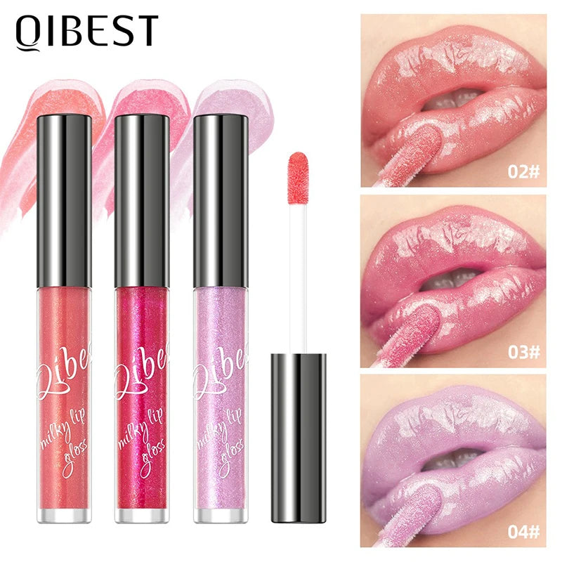 QIBEST shimmering taro purple and pink lip gloss set with gold sparkle, plumping effect, and glassy jelly finish.
