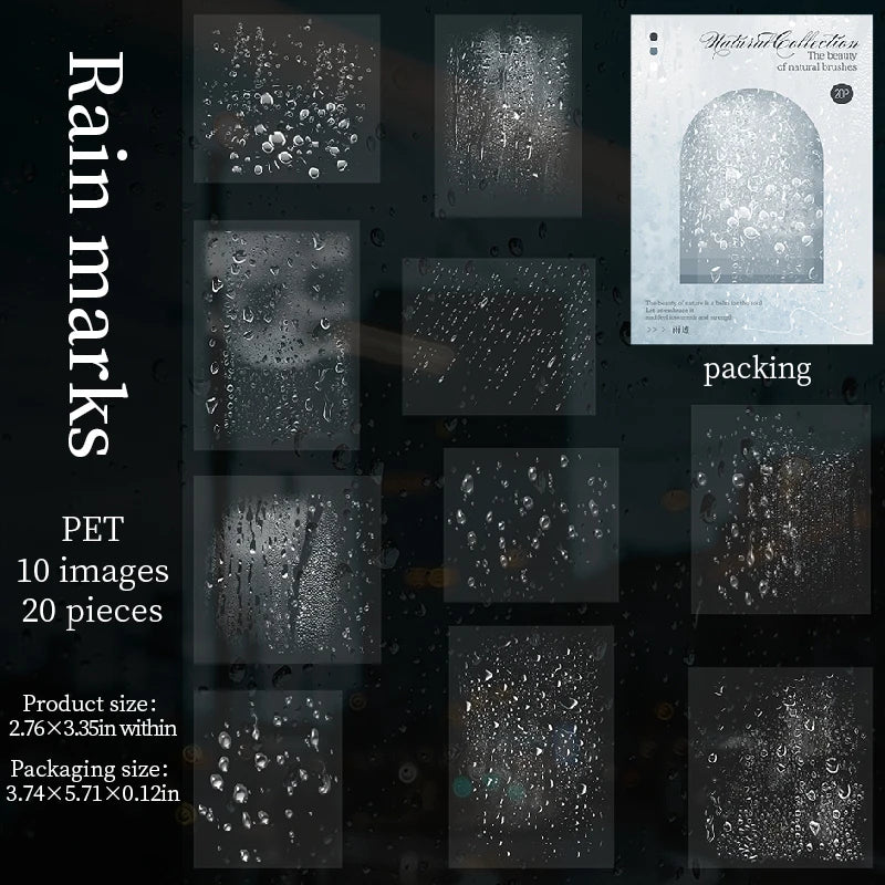 20pcs retro rain PET stickers for aesthetic DIY journaling, scrapbook decoration, and creative stationery projects.