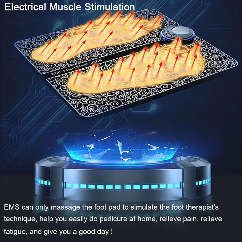 Black portable EMS foot massager mat with gold footprint graphics for muscle stimulation and pain relief.