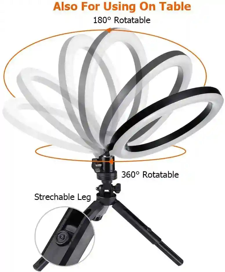Black ring light on a tripod stand with 180-degree tilting head and 360-degree rotation for tabletop lighting.