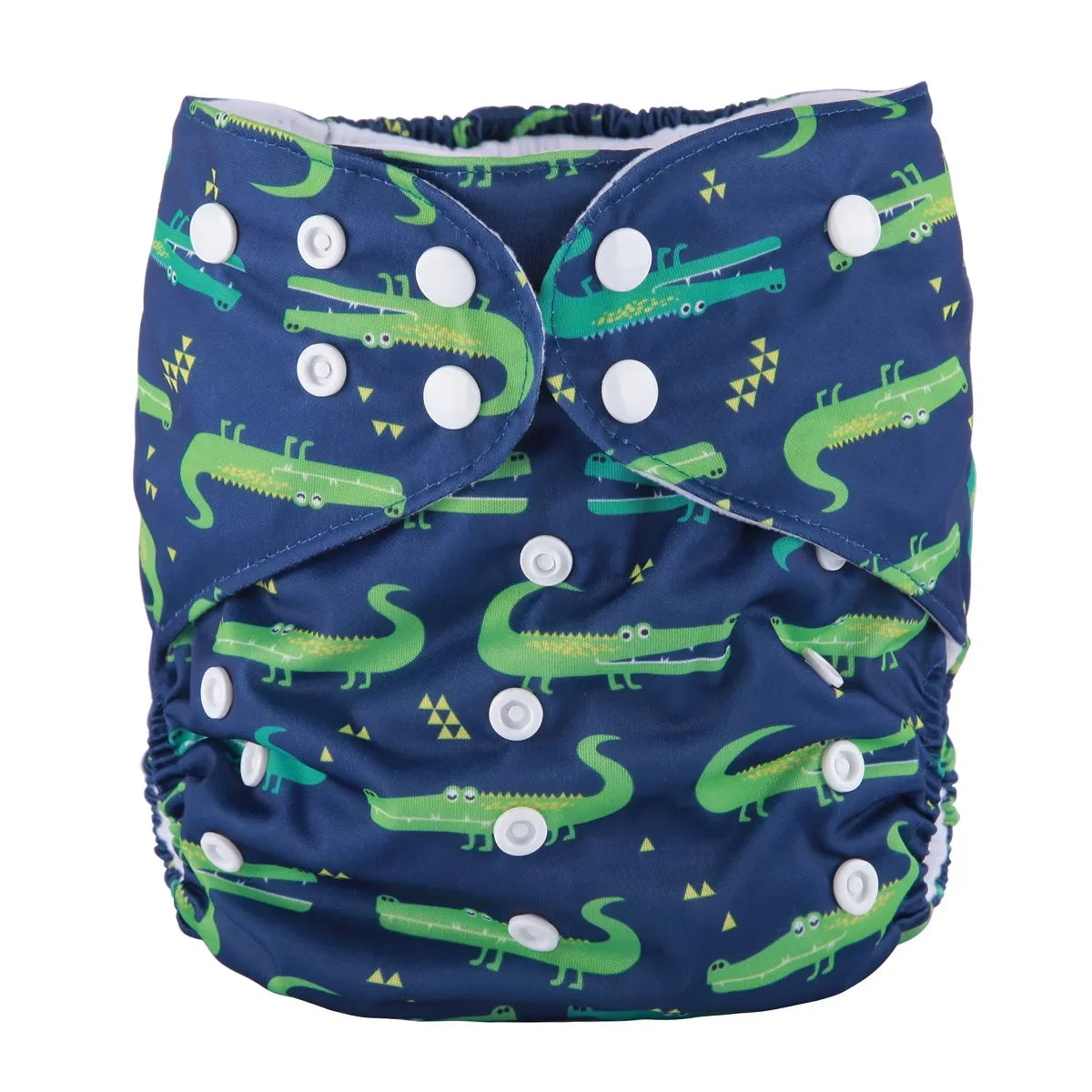 Reusable baby diaper with adjustable snaps and a navy blue green alligator print design.