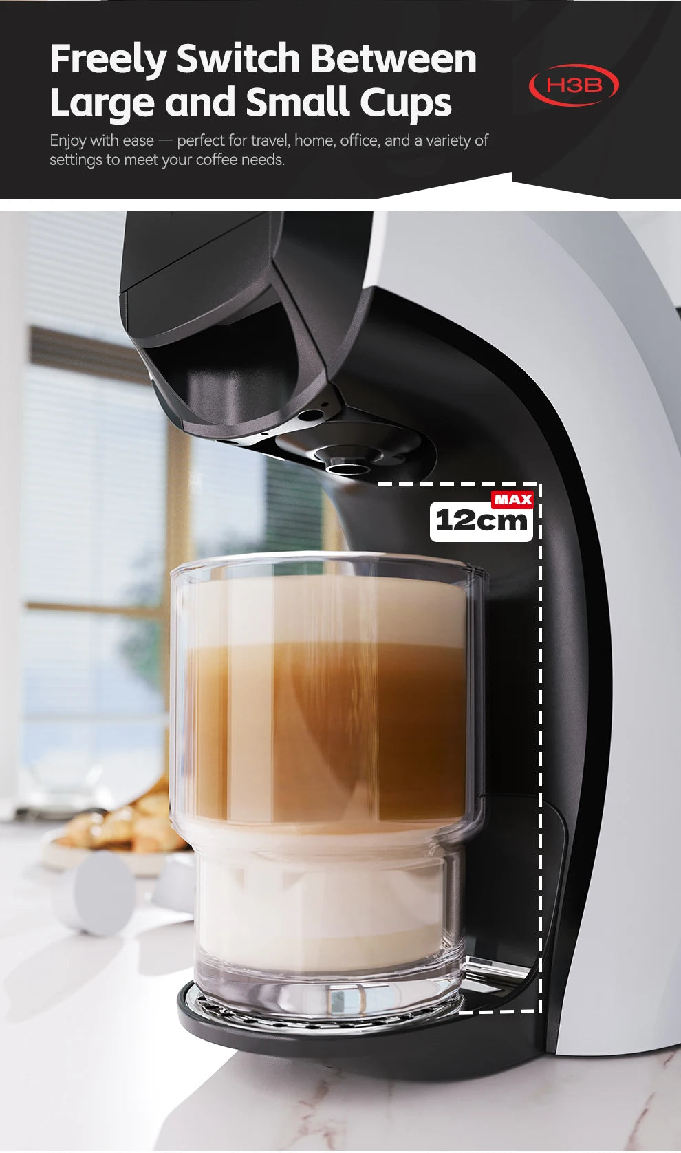 H3B white and black single-serve coffee maker with a 12cm cup height capacity for travel or home use.