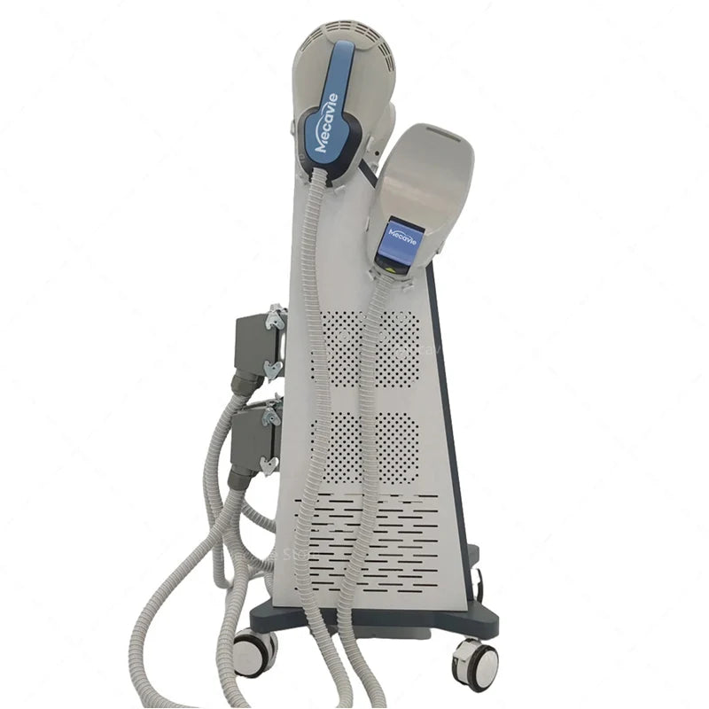 MECAVIE 4-handle EMS RF body shaper machine on wheels, professional muscle stimulator device, white and grey design.
