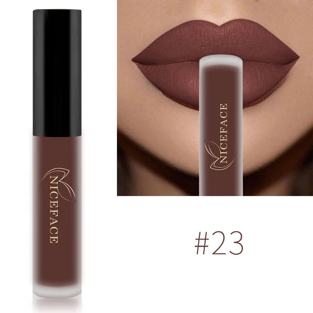 Niceface waterproof matte liquid lipstick in shade #23, a long-lasting dark brown velvet finish lip makeup.