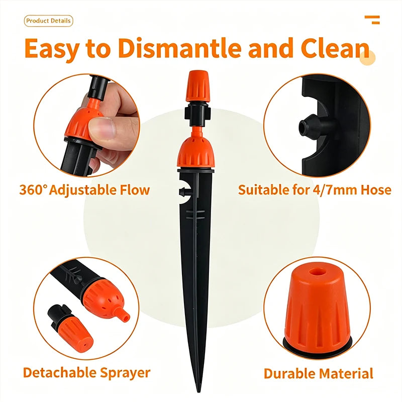 Adjustable 2-in-1 Drip Spray Stake Emitter 360° Mist Nozzle Garden Auto Watering Irrigation Stake for Greenhouse Lawn Plant Pots
