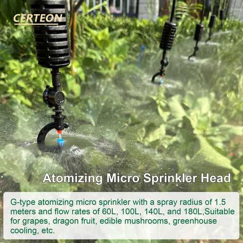 Hanging mist nozzle set with multiple black sprinkler heads spraying fine water mist