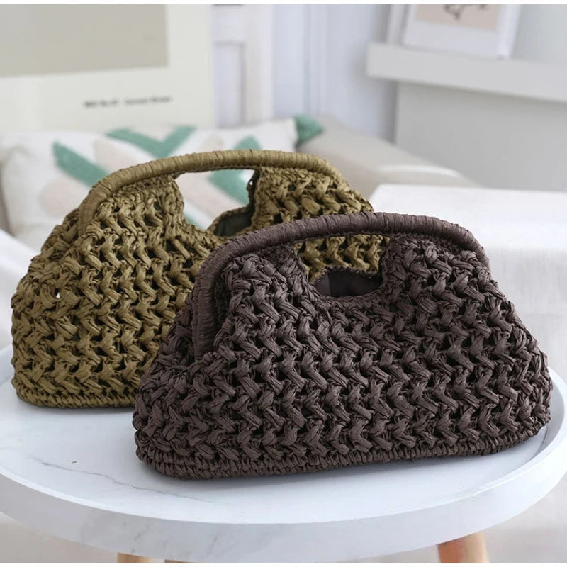 Women's Brand Fashion Clip Handbag, Bohemian Style Large Capacity Travel Woven Bag Popular Elegant Raffia Handmade Crossbody Bag