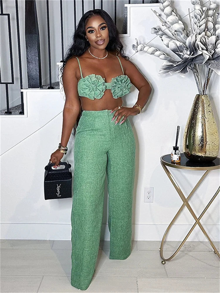 Weird Puss Vacation Beach Style 2 Piece Set Women Ruched Flower Bra Tops+Button Waist Straight Pants Fashion Sexy Trend Outfits