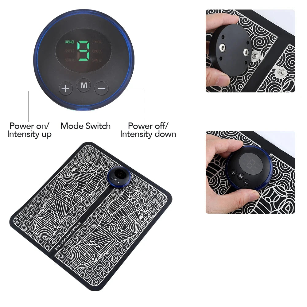 Rechargeable EMS foot massage mat with digital controller for home relaxation and sore foot pain relief.