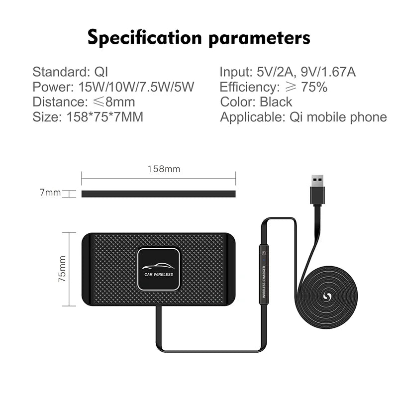 Wireless Car Charger Pad - Qi Certified Fast Charging Grip Mat Tidesmit