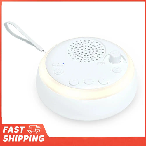 Portable white noise machine for sleep in white with control buttons, light display, and timer settings.