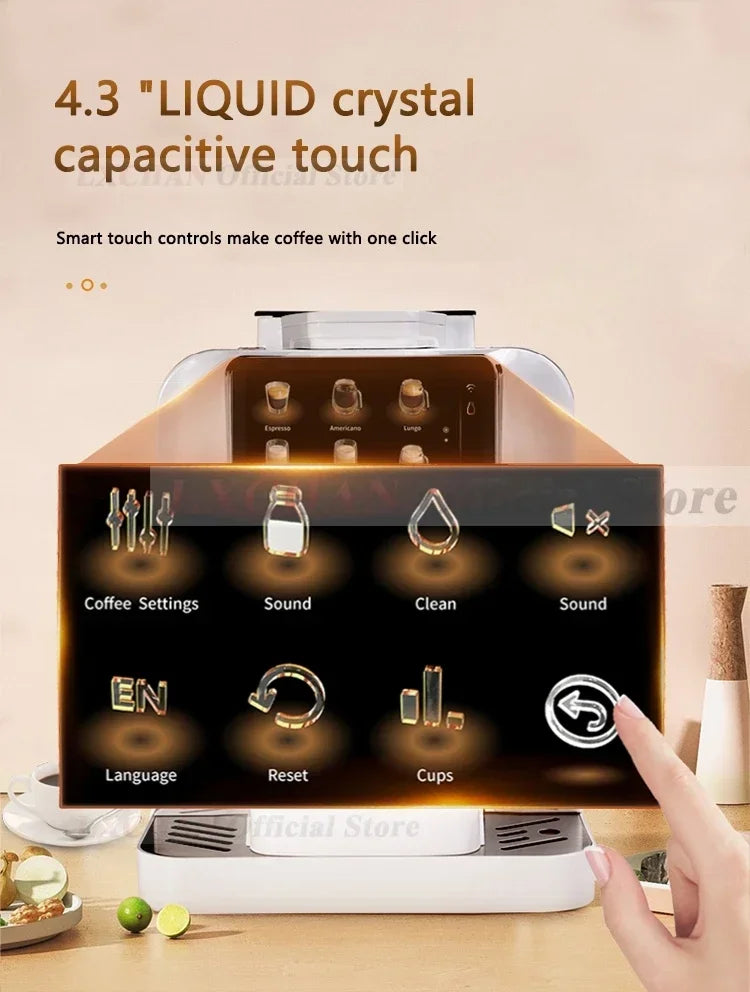 LZCHAN smart coffee machine with 4.3-inch white capacitive touch screen and one-click brewing settings.