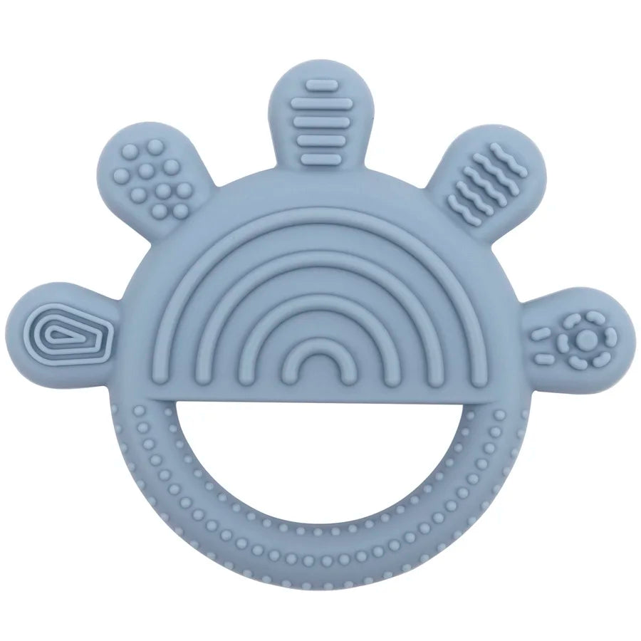Blue silicone teething ring toy for baby relief.
