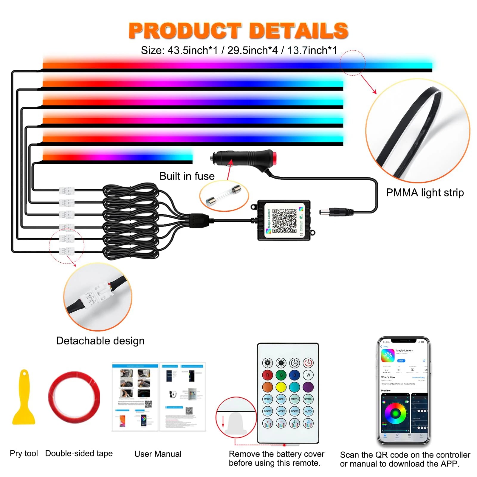 Tidesmit RGB Car Ambient LED Interior Lights with App Control 6 in 1 APP Remote Tidesmit