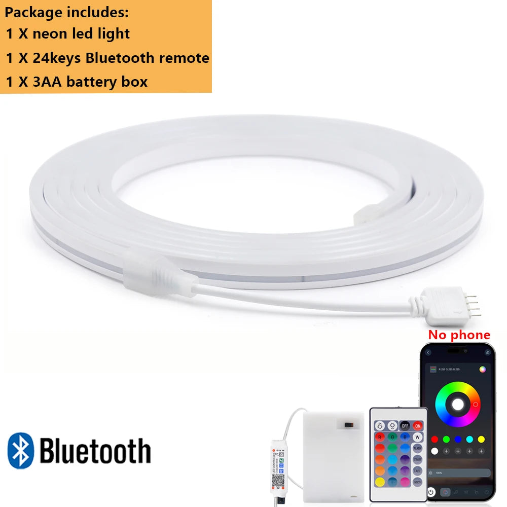 White LED neon strip light roll with 3AA battery box and 24-key Bluetooth remote