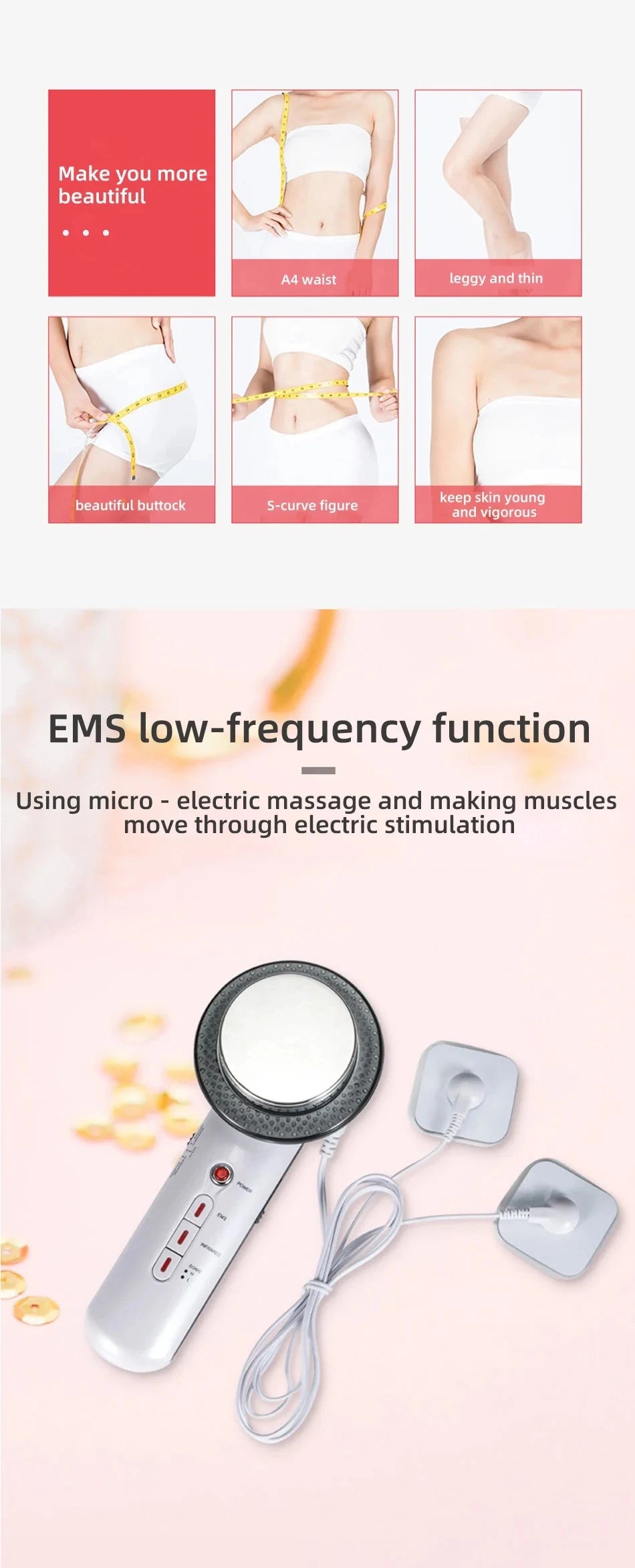 Handheld white EMS ultrasonic slimming device with two connected electrode pads for body and face massage.