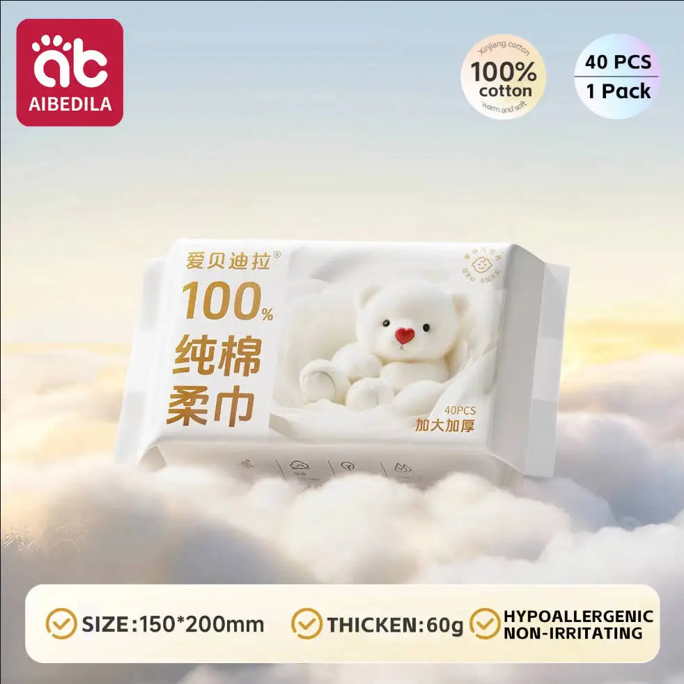 AIBEDILA 100% cotton baby wipes, 40-pack, extra thick, soft hypoallergenic baby care towels, 150x200mm.