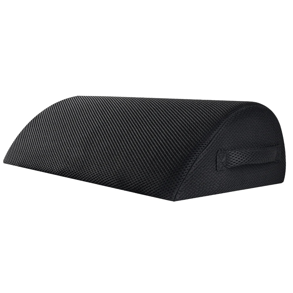 Black memory foam office footstool with mesh cover and handle for improved posture and leg support.