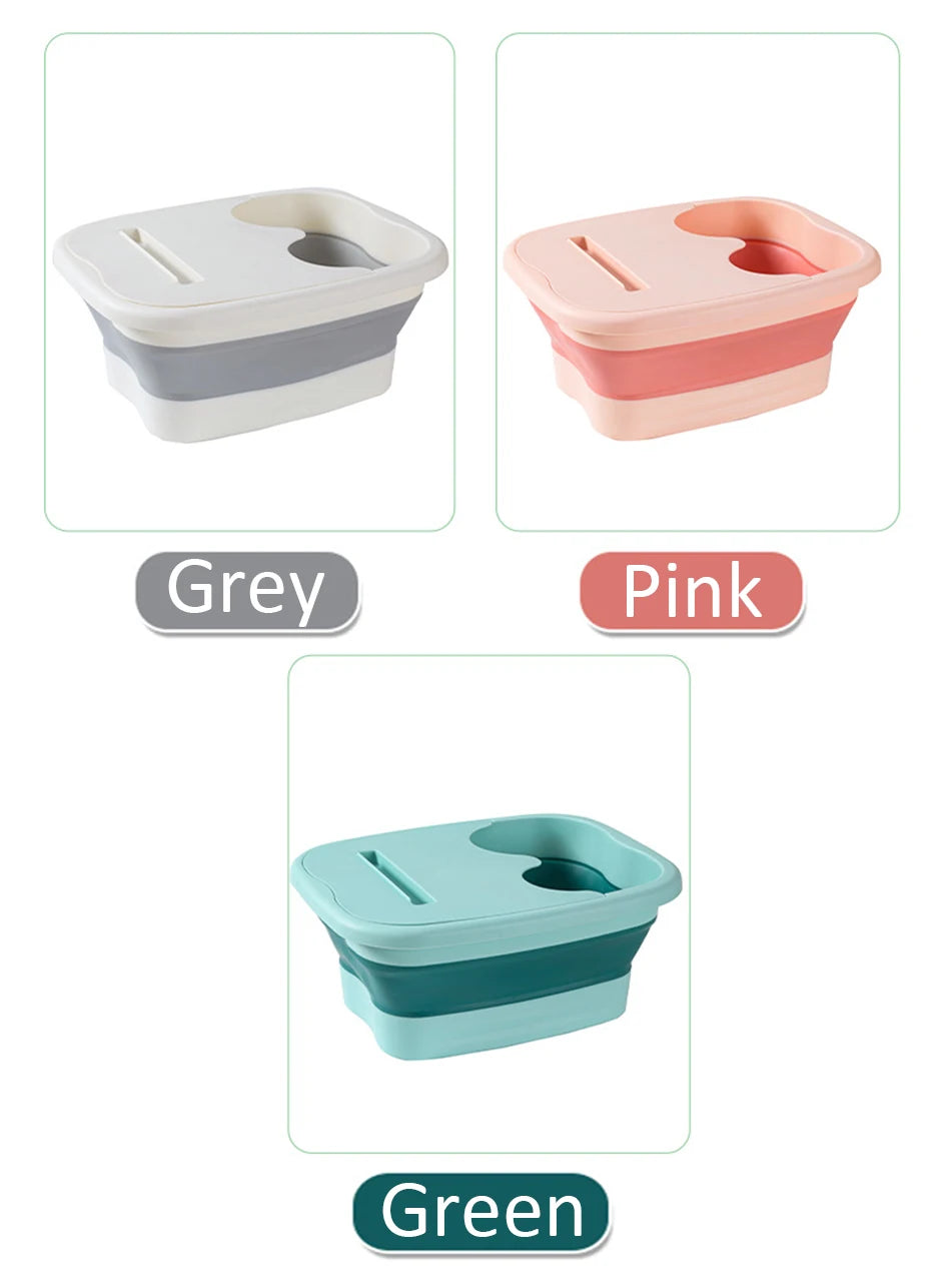 Foldable silicone foot bath tubs in grey, pink, and green, portable covered basins for home or travel spa relaxation.