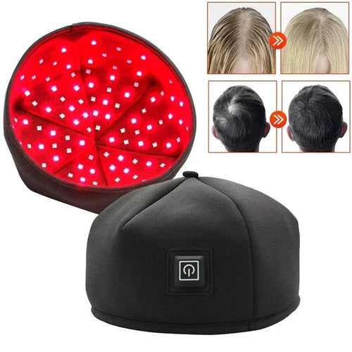 Red light therapy LED cap device for hair regrowth with before and after results. Round wellness therapy hat.
